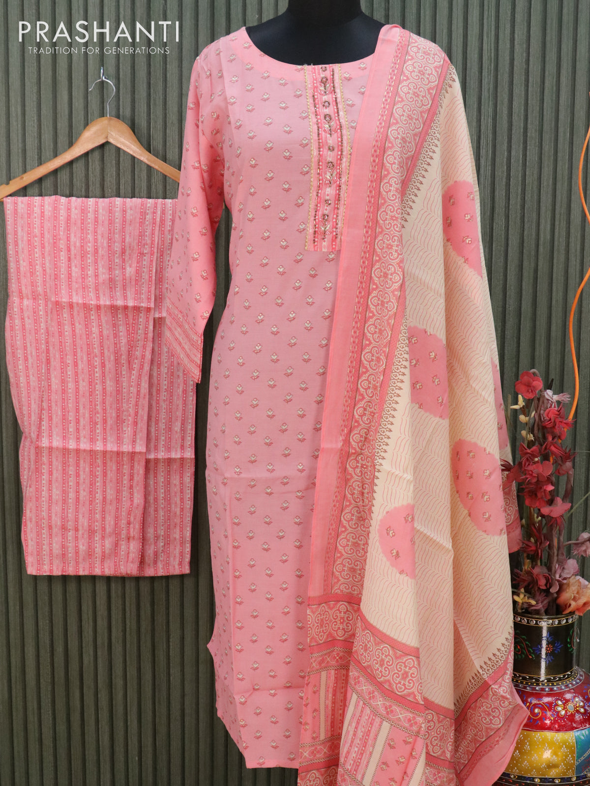 Modal readymade kurti peach pink and cream with floral butta prints & gotapatti lace neck pattern and straight cut pant & dupatta