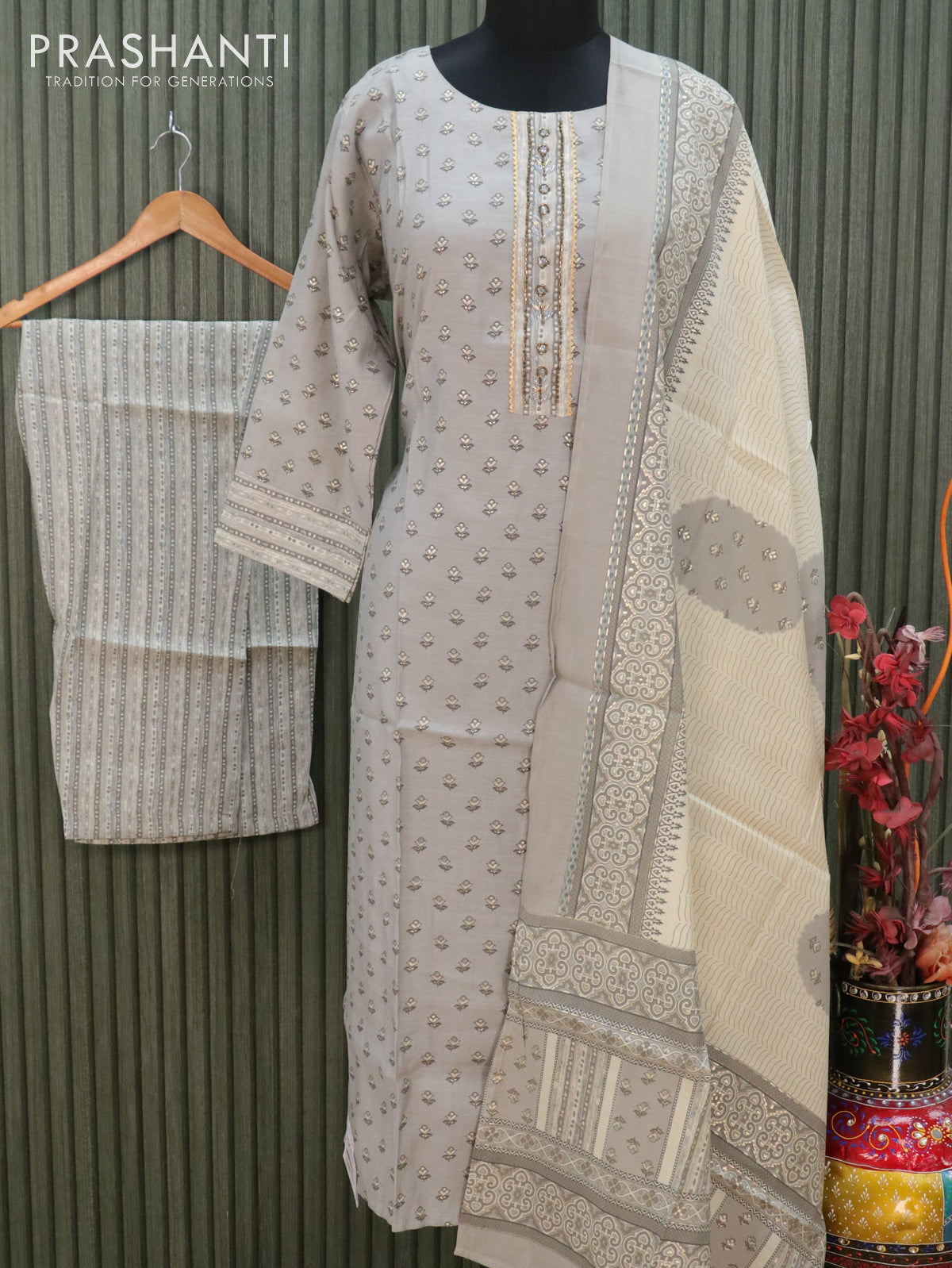 Modal readymade kurti grey with allover prints beaded & gotapatti neck pattern and straight cut pant & dupatta