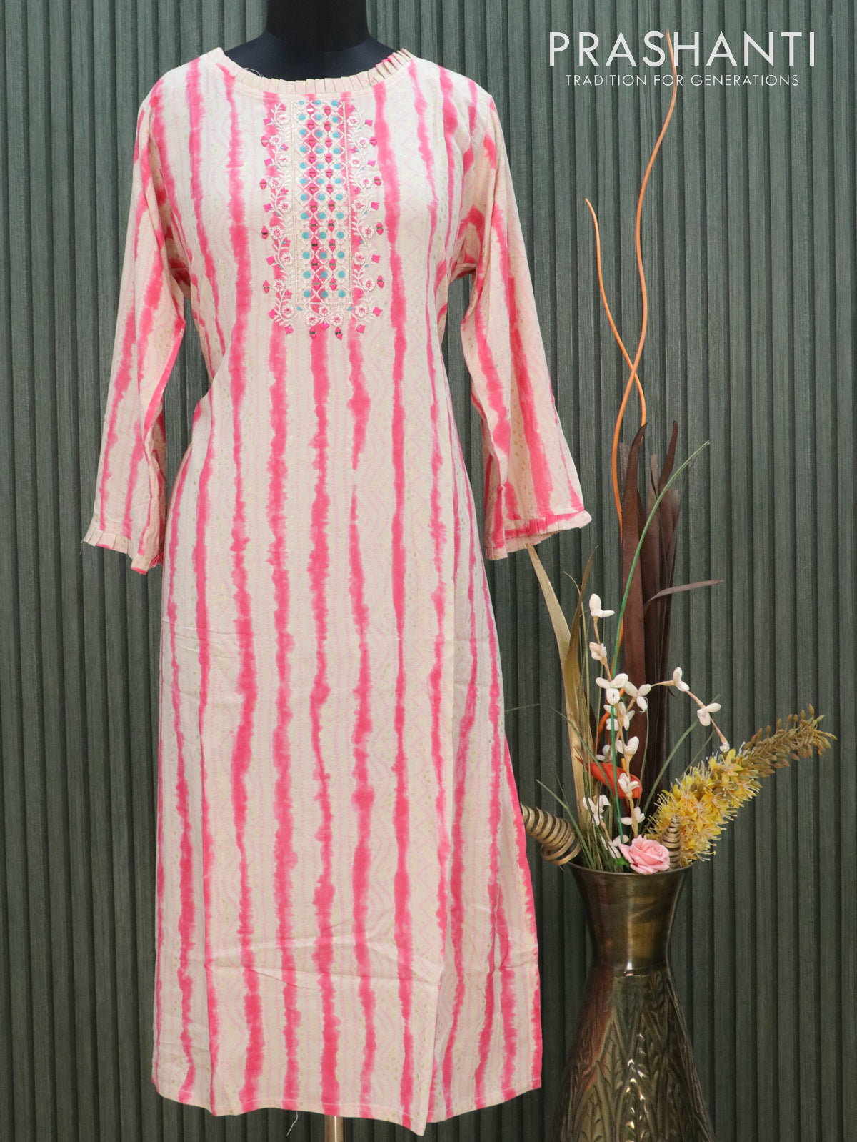 Modal readymade kurti cream and pink with allover prints & embroidery mirror work neck pattern without pant