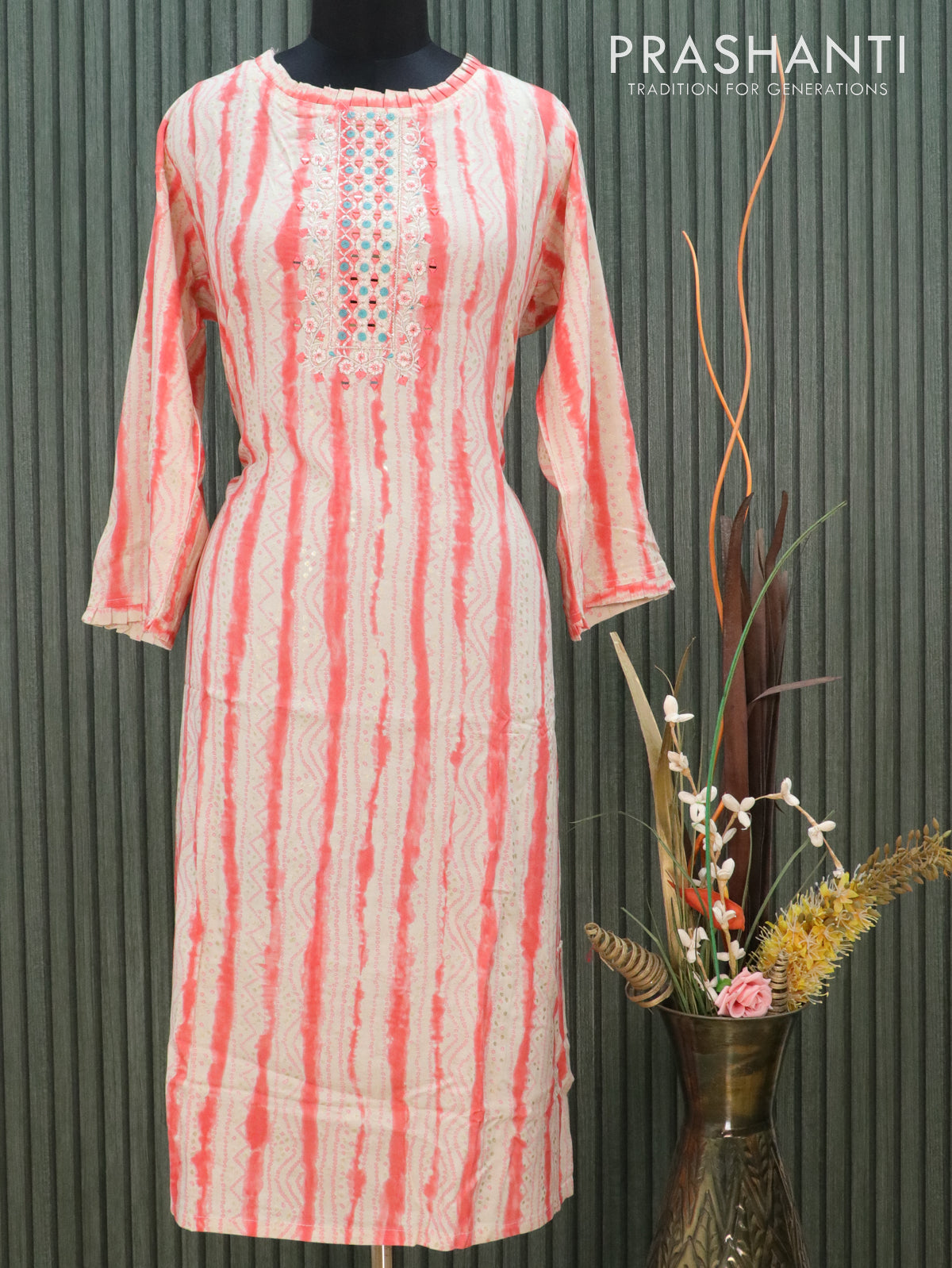 Modal readymade kurti cream and peach orange with allover prints & embroidery mirror work neck pattern without pant