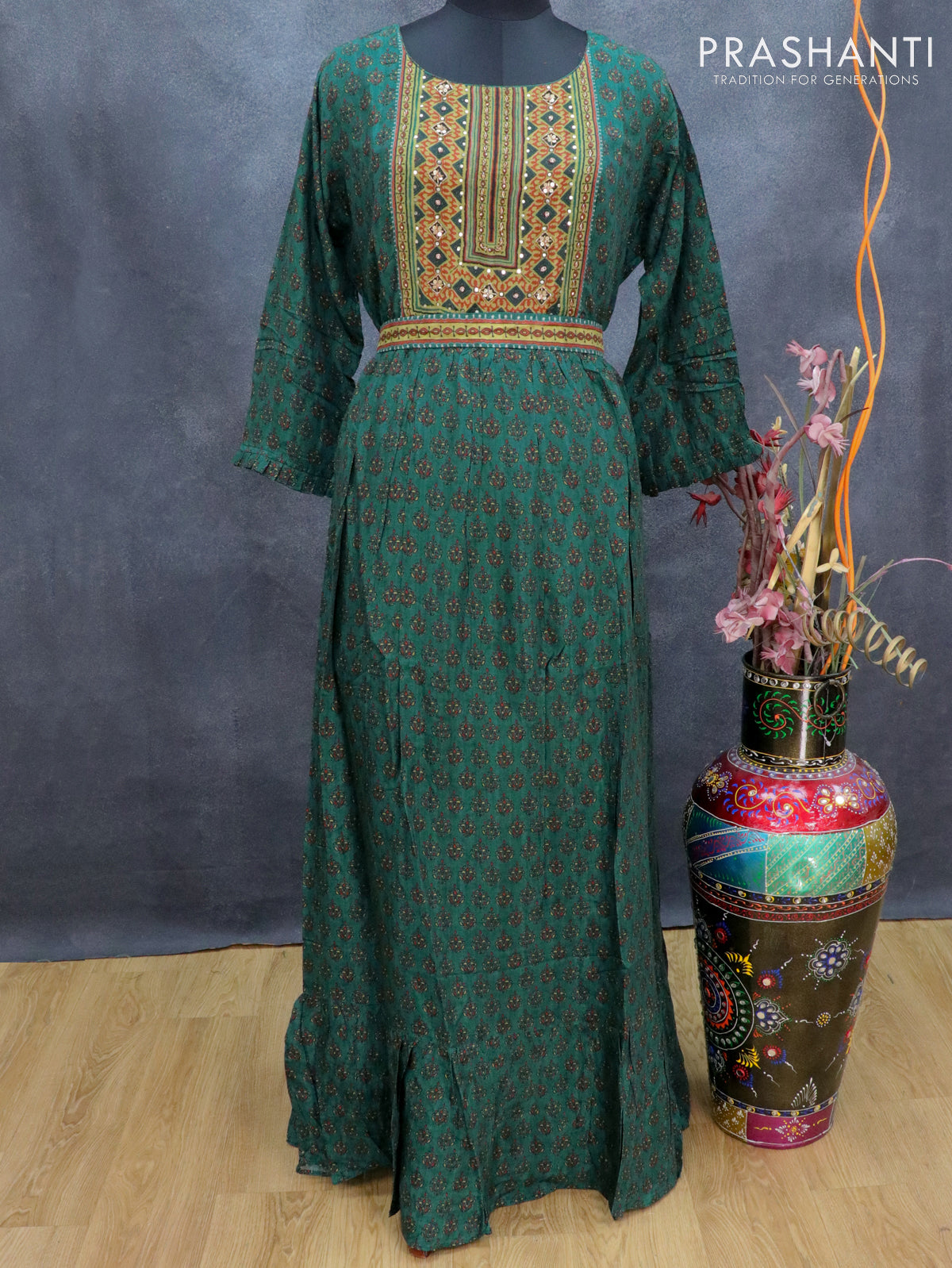 Muslin readymade floor length cancan dress green shade with allover prints & chamki beaded neck pattern without pant