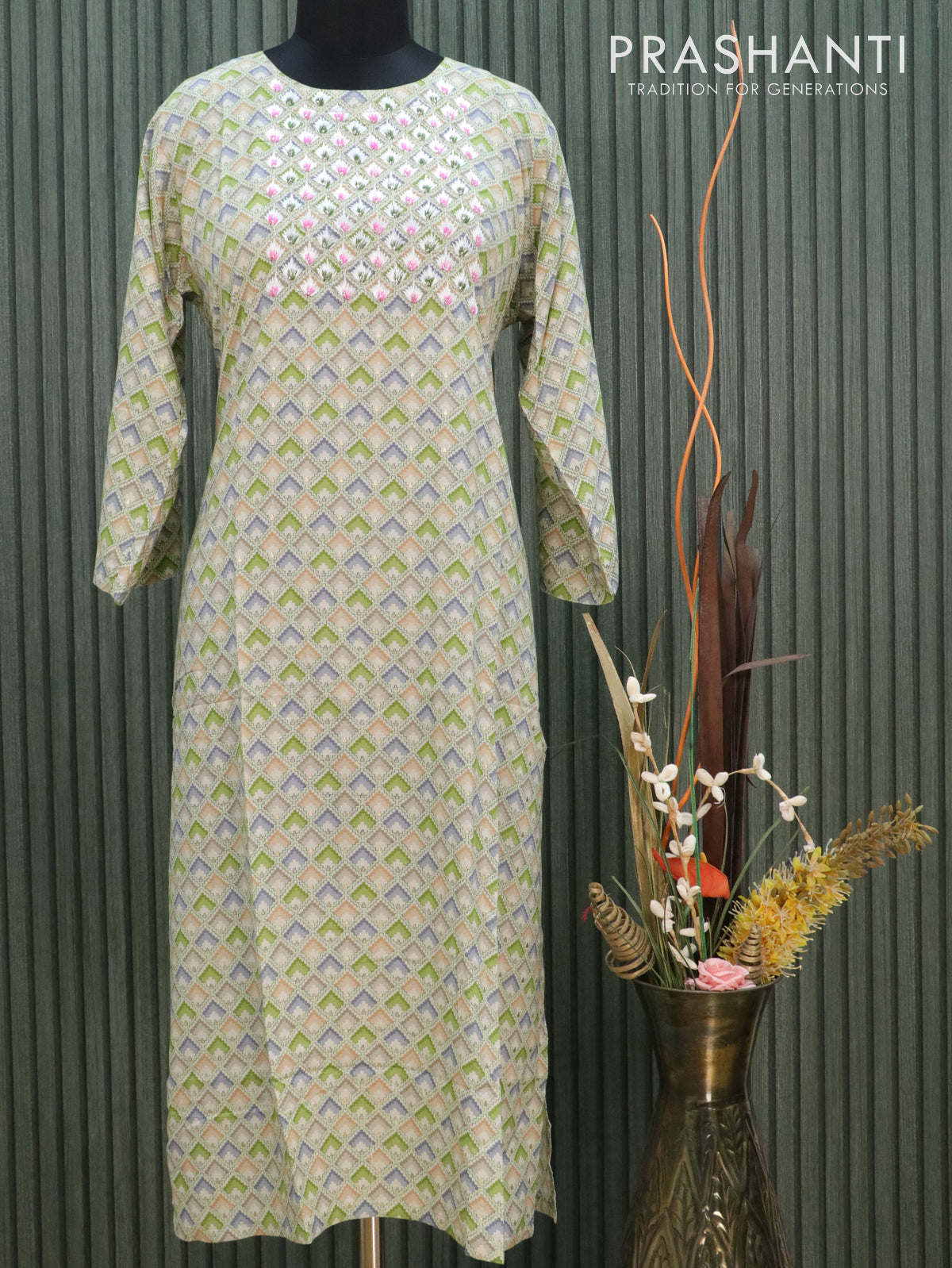 Modal readymade kurti green shade and brown with allover prints & embroidery neck pattern without pant