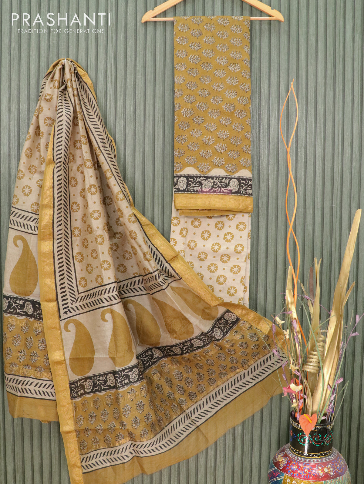 Pure chanderi dress material khaki shade with allover prints and maheshwari border